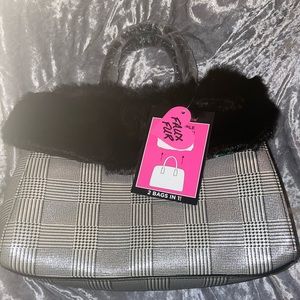 Rare- Betsey Johnson strip tease satchel with removal faux fur collar
